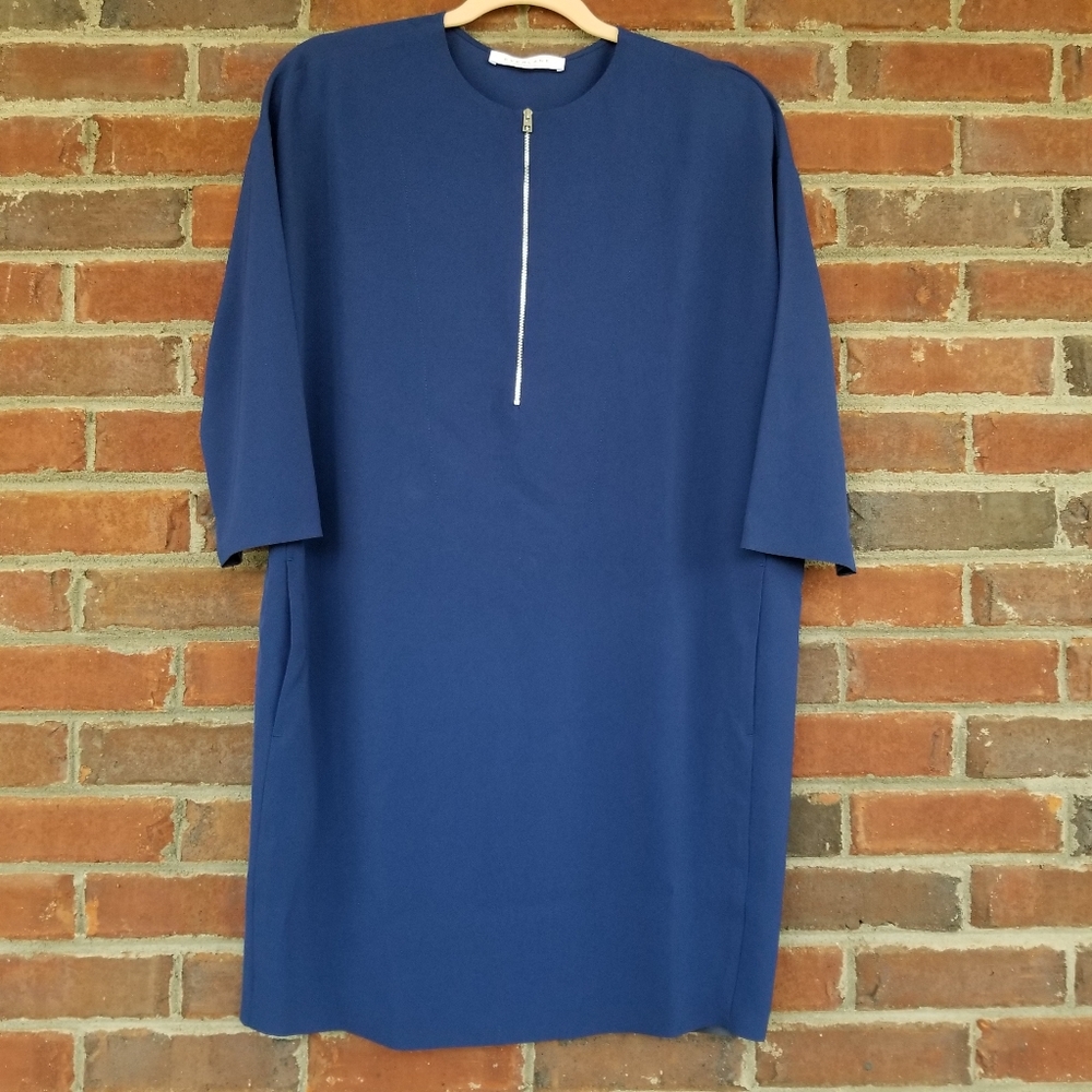 Everlane 4 Japanese GoWeave Front Zip Dress in Blue Loose fit 3/4 sleeves